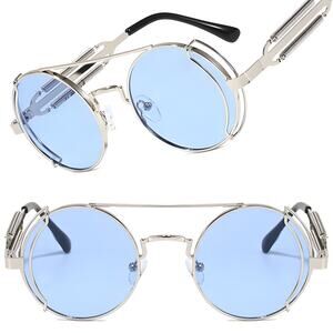 Coiled Spring Temple Bold Edge Blue Lens Mens Womens Silver Round Sunglasses